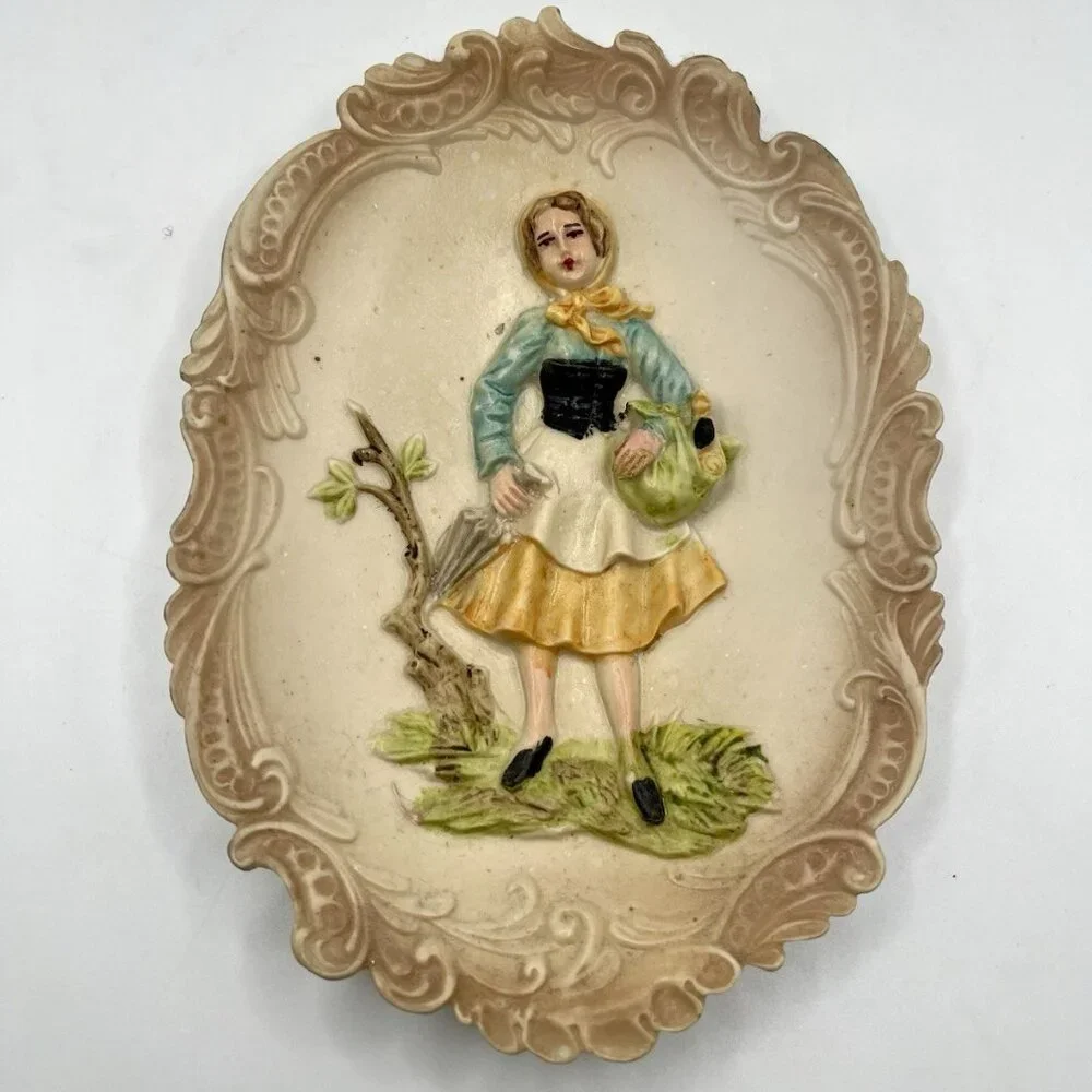 Vintage Plaster Wall Plaque Pastoral Peasant Girl Relief Art Cottagecore French